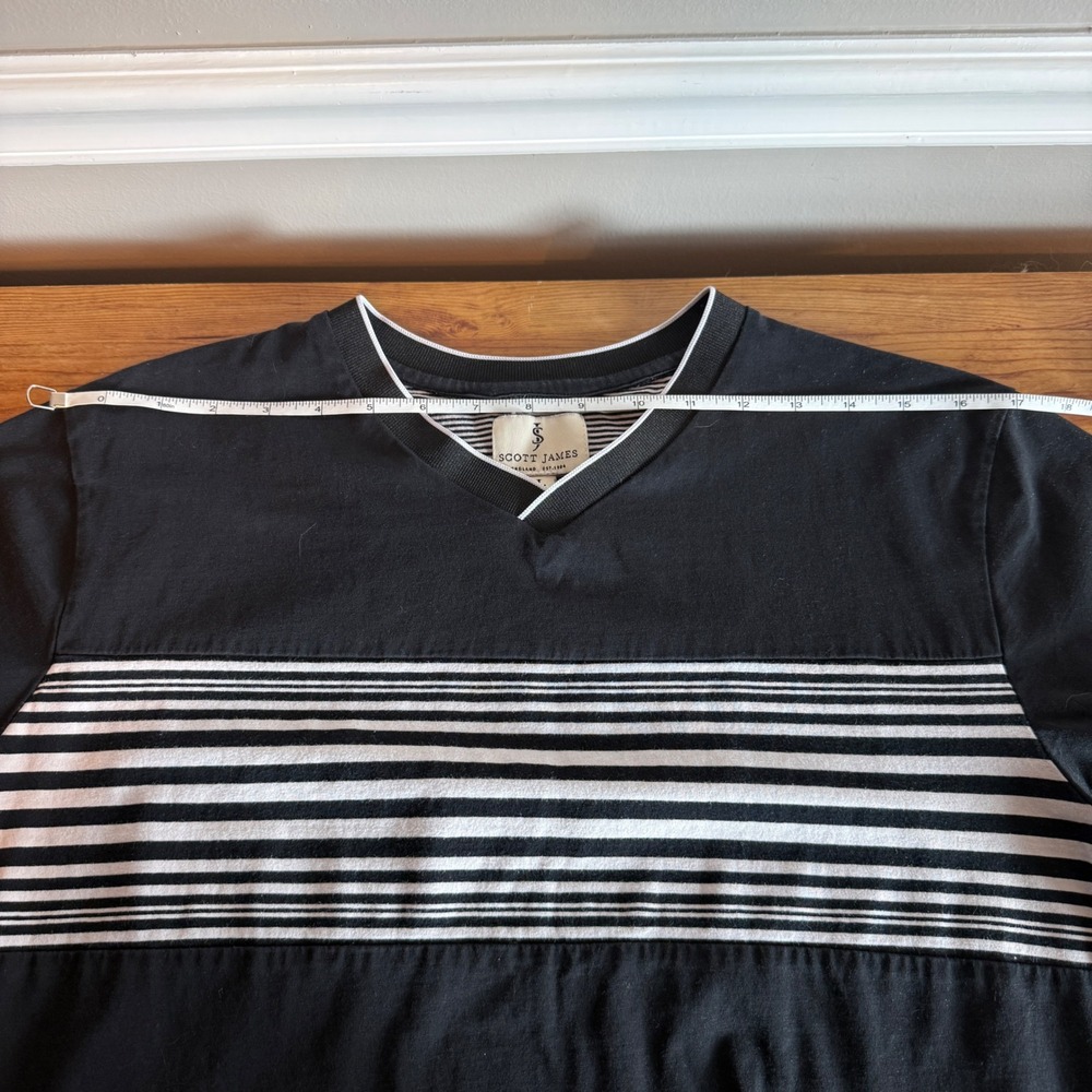 Scott James Mens Black White Striped V-Neck Short Sleeve T-Shirt‎ Size Large - Picture 4 of 5